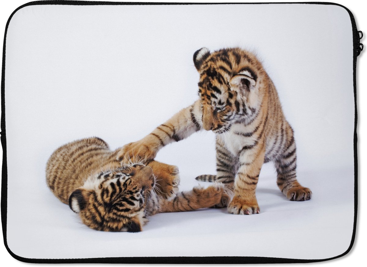 Laptophoes 14 inch - Tijger - Welp - Wit - Laptop sleeve - Binnenmaat 33x23 cm - Zwarte achterkant