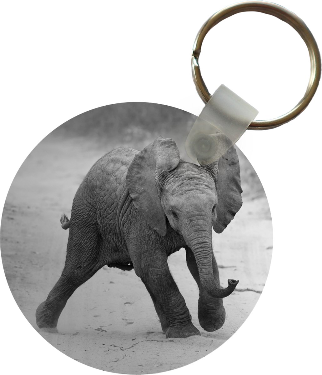 Sleutelhanger - Olifant - Baby - Dieren - Pad - Zwart wit - Plastic - Rond - Uitdeelcadeautjes