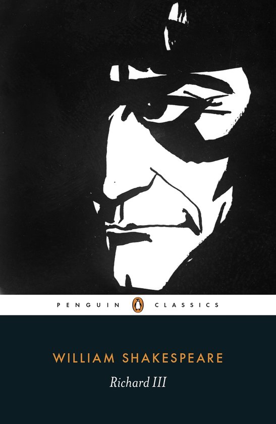 Boekcover van William Shakespeare's Richard III met een zwart-wit illustratie van een gezicht.