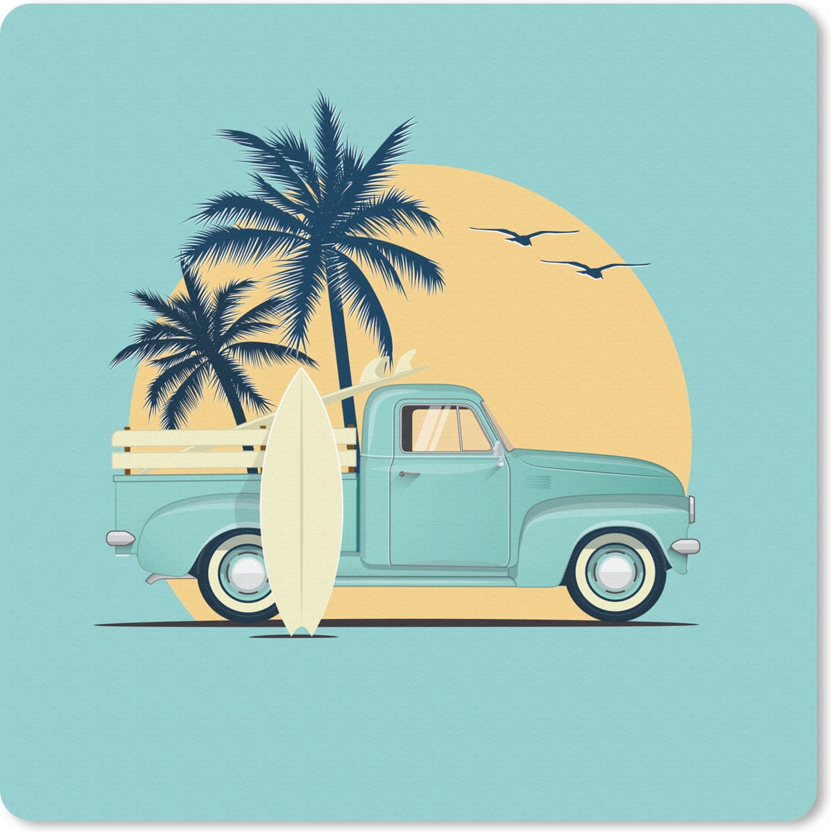 Muismat 20x20 cm - Mousepad Auto - Zon - Surfboard - Tekening - Muismatten