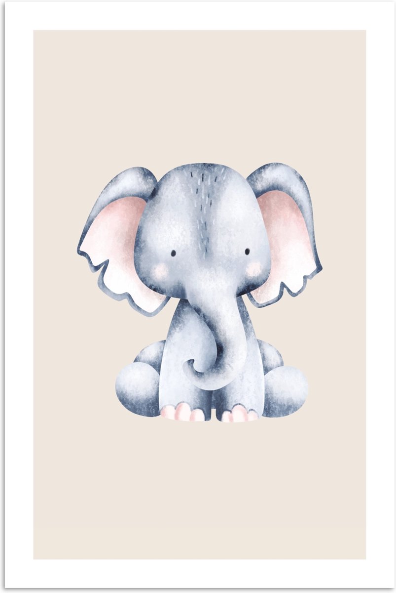 Poster 60x90 cm - Olifant - Baby - Beige - Kinderkamer dieren - Babykamer accessoires - Posters - Kamer decoratie accessoires - Wanddecoratie kinderkamer - Muurdecoratie babykamer