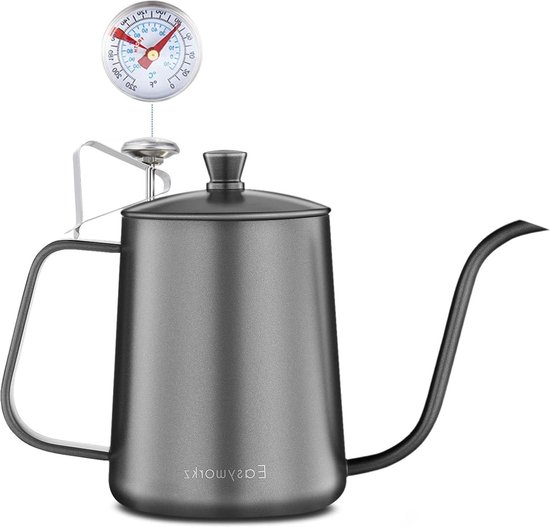 Zwanenhals waterkoker, giet over koffieketel 550 ml met thermometer en koffielepel, roestvrijstalen koffiepot met lange smalle tuit handdruppelketel