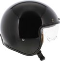 Zwarte glanzende helm met een transparant vizier en bruine voering. De rand is afgewerkt met stiksels.