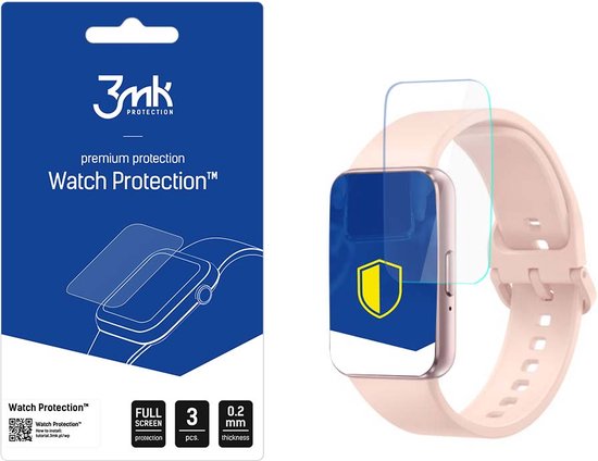 Watch Protection v. ARC+ screenprotector voor Samsung Galaxy Fit 3, 3 stuks, 0.2 mm dikte, met een gele shield icoon.
