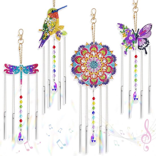 Foto: Zonnevanger diamond painting windgong diy 5d diamant schilderij set van 4 kind windgong hangers dubbelzijdige decoratie voor raam en tuin diamond painting