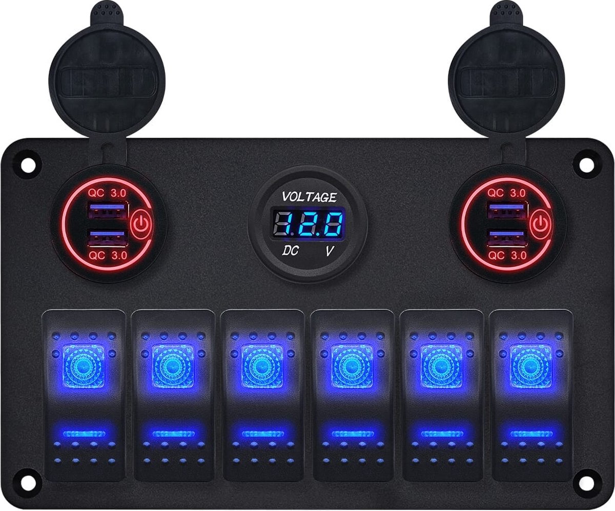 ProRide Schakelpaneel 12V voor Auto/Boot - USB Lader 4 Poorten met Voltmeter - QC3.0 - PUSB1QC-R - 6 Schakelaars