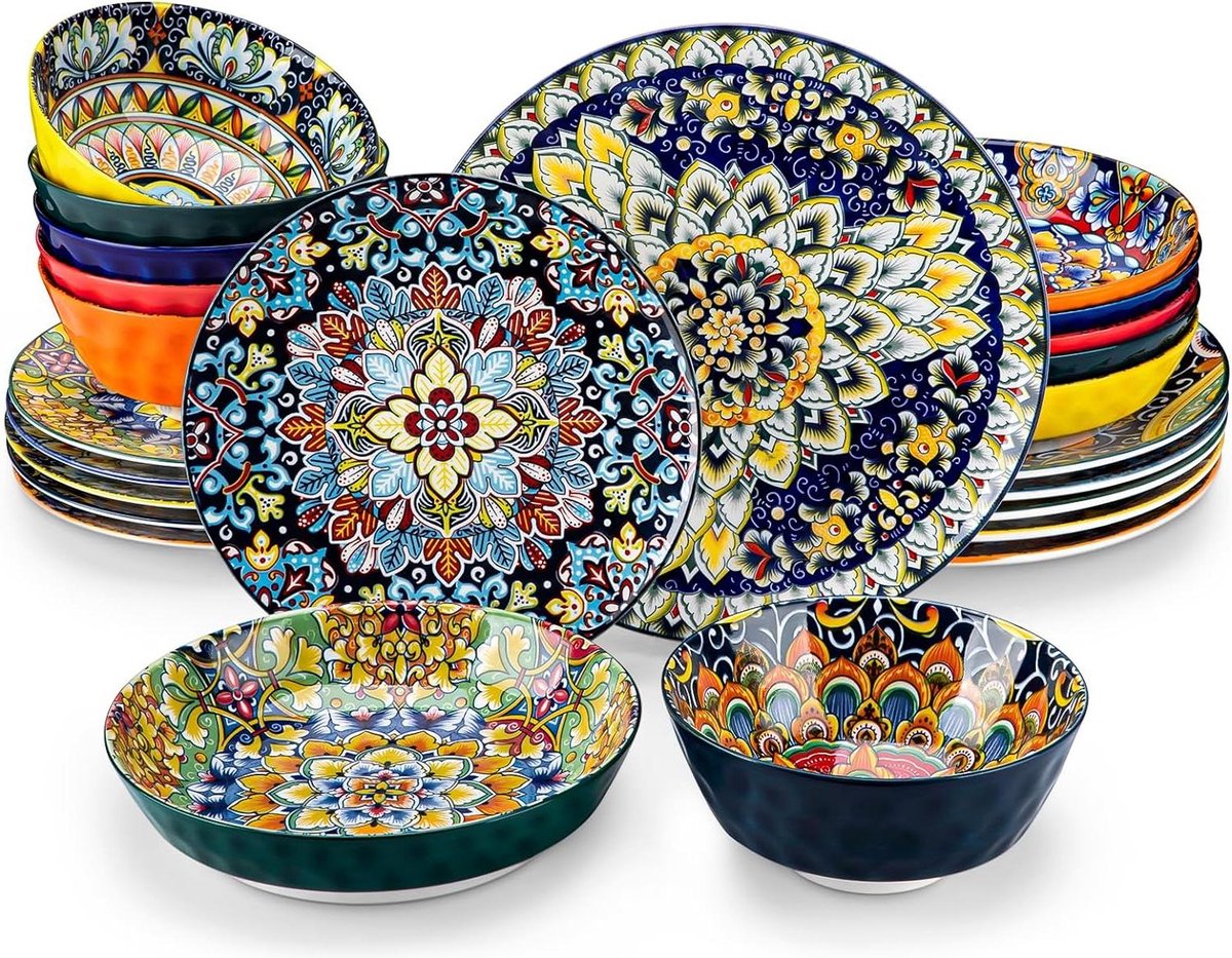 24-delig Diner Sets voor 6 personen Servies Schotel Set Ambachtelijke stukken 267 cm dinerbord 216 cm dessertbord 780 ml pastakom 950 ml ontbijtkom kleurrijk Bordenset