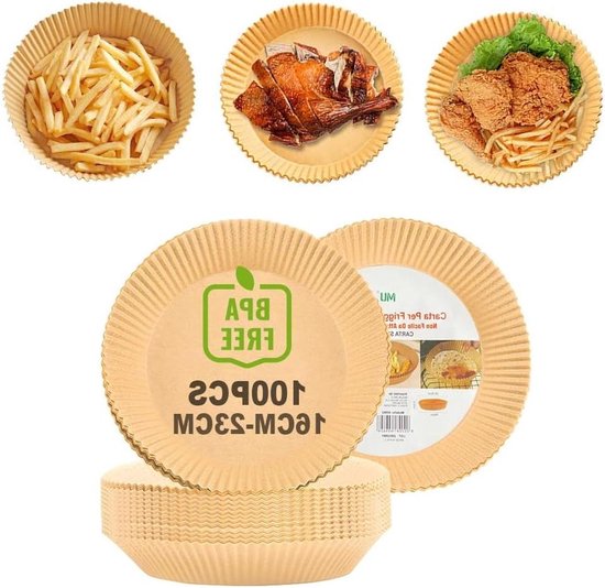 HONYAO Airfryer Bakpapier 23-27cm, 100 stuks Wegwerp Bakpapier XXL voor Hetelucht Friteuse 6,2-8