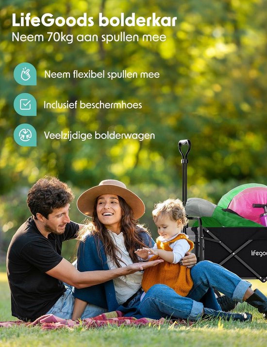 Opvouwbare bolderkar voor kinderen - Inklapbare handwagen voor tuin en strand - Transportwagen tot 80 kg - 94 liter - 98 x 45 cm - Zwart Bolderkar van Opvouwbare Bolderkar — afbeelding 4