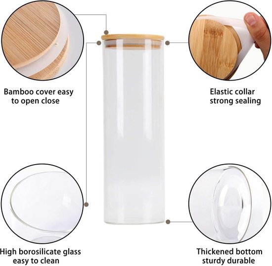 Lot de 3 bocaux de conservation avec Ring en silicone et couvercles en Bamboo 1500 ml x 2/2100 ml – Récipients de Kitchen en verre Air pour céréales – Jam , pâtes, spagti, grains de Coffee , cookies, collations, pot de farine