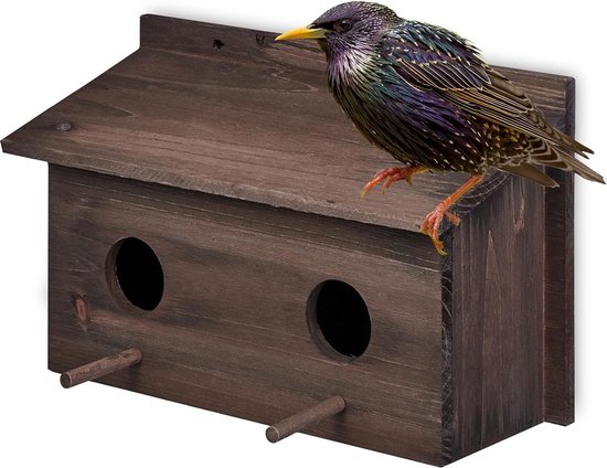 Groot dennenhout nestkast voor spreeuwen - 2 invliegopeningen - 5 cm - boom vogelhuis - bruin