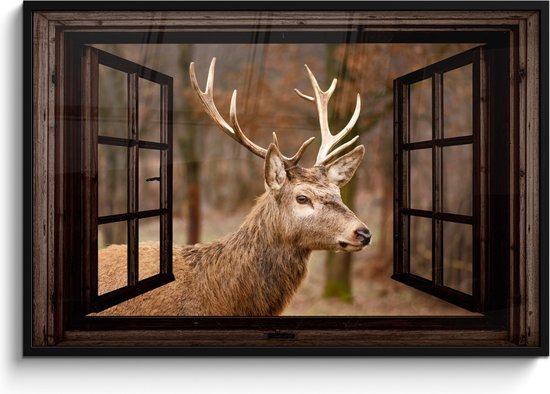 Affiche sous cadre - Cadre photo 120x80 cm - Posters - Cerf - Animal - Forêt - Automne - Tête de cerf - Marron - Transparent - Cadre affiche noir - Décoration - Décoration murale salon - Décoration murale chambre