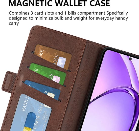 Bruin leren wallet case met 3 vakjes voor pasjes en 1 vak voor briefgeld, met een telefoon erin geplaatst.
