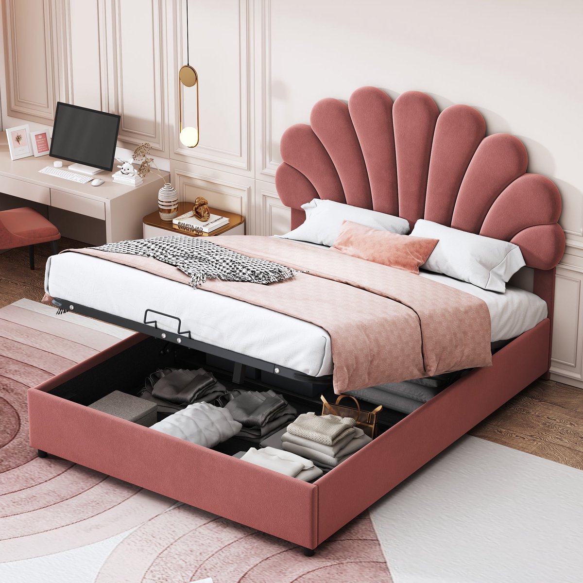 Merax Gestoffeerd Tweepersoonsbed 140x200 cm met Luxe Bloemen Hoofdbord - Linnen Bed met Hydraulische Opbergruimte en Verstelbaar Hoofdbord - Zacht Fluweel Roze