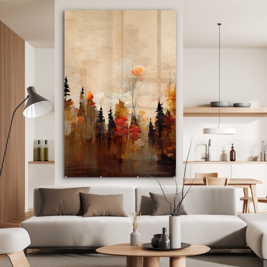 MuchoWow® Glasschilderij 120x180 cm - Schilderij acrylglas - Natuur - Bomen - Kunst - Bruin - Beige - Foto op glas - Muurdecoratie woonkamer - Wanddecoratie slaapkamer - Schilderijen