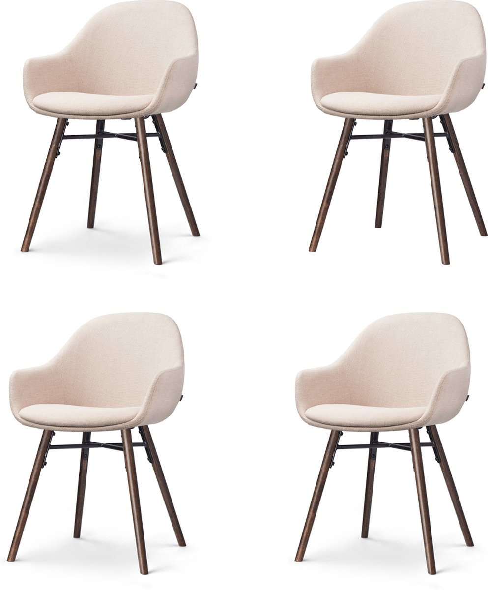 Nolon Nena-Mae Eetkamerstoelen Set van 4 Beige - met Armleuningen - Stof - Houten Poten -