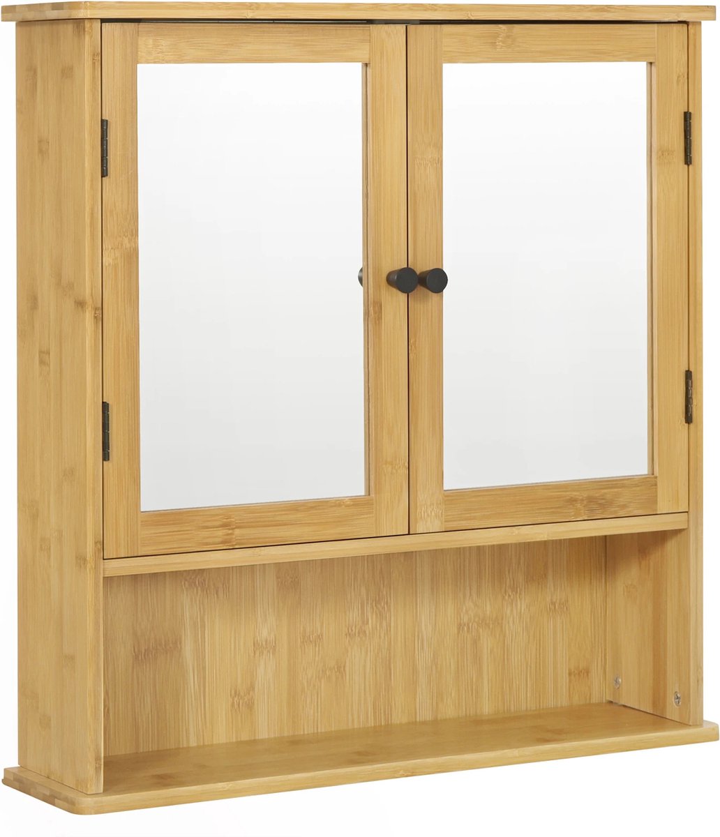 SteeFly® BadkamerKast Met Spiegel - 56X14X58Cm - Opslag Kast Met 2 Spiegel Deuren & 1 Open Compartiment - Bamboe matriaal