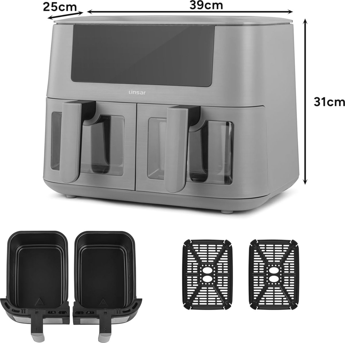 Afbeelding 2 van Linsar Dubbele Airfryer XXL - Twee Kookvakken - 8 Liter - Digitale Thermometer - 3040Watt - Dual Zone Technologie - Duo Airfryer - Grijs