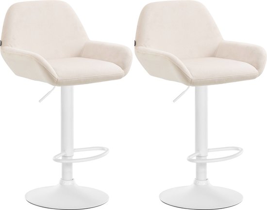 CLP Braga Set de 2 tabourets de bar - Avec dossier - Ajustable - Velours - Velours - Métal blanc crème mat