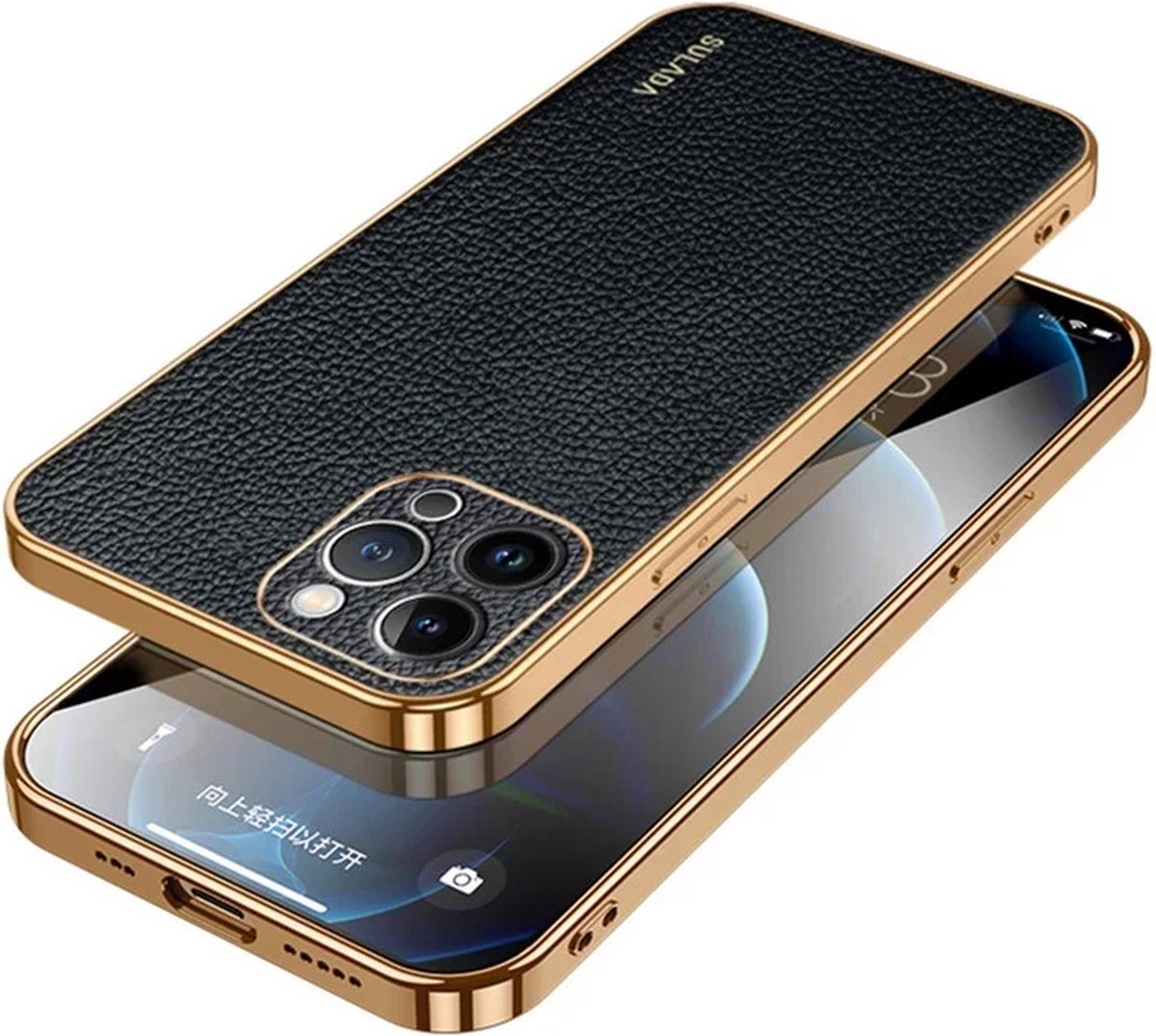 Sulada – PU Leather Coated PC+TPU – iPhone 15 Pro – Backcover – hoesje – Draadloos opladen - Zwart