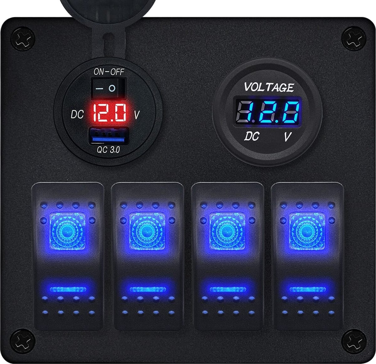 ProRide Schakelpaneel 12V voor Auto/Boot - USB Lader met Voltmeter - 5V/2.4A - 4 Schakelaars