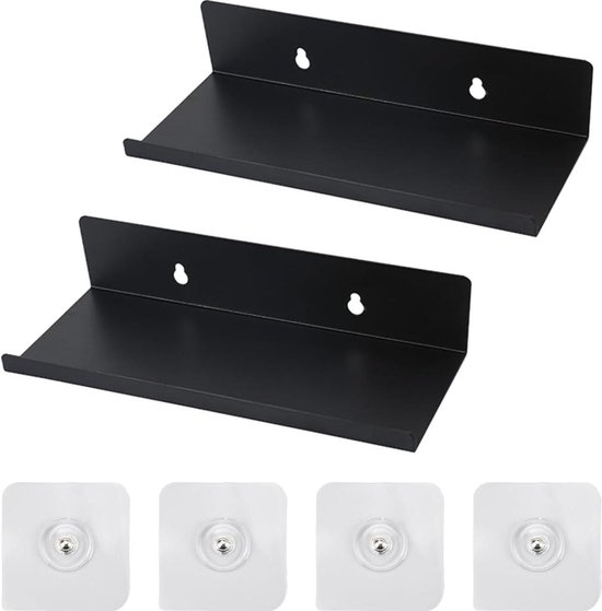 Foto: Zelfklevend zwart metaal wandrek 10 x 20 x 4 cm 2 stuks zwevend mini rek voor badkamer smal hangrek keuken draagkracht 10 kg opbergrek