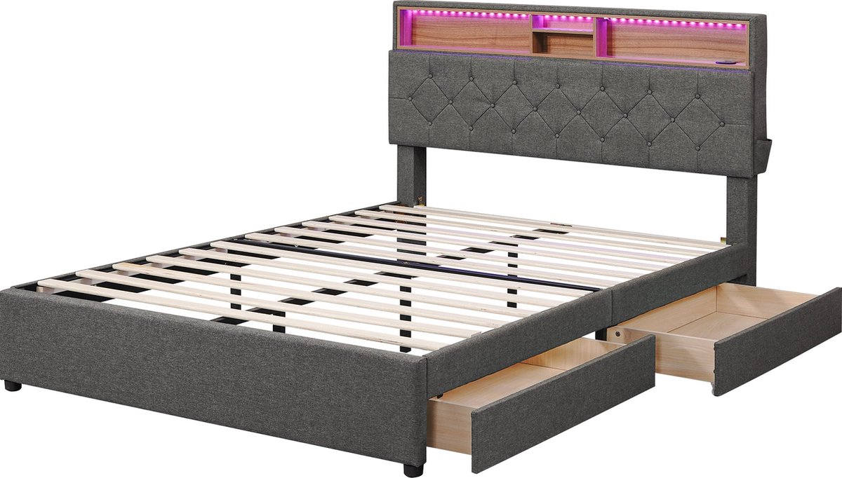 Merax Gestoffeerd Bed 140x200 cm met USB-Oplaadstation en LED-Verlichting - Functie Bed met Twee Opberglades en Verstelbaar Hoofdbord - Grijs