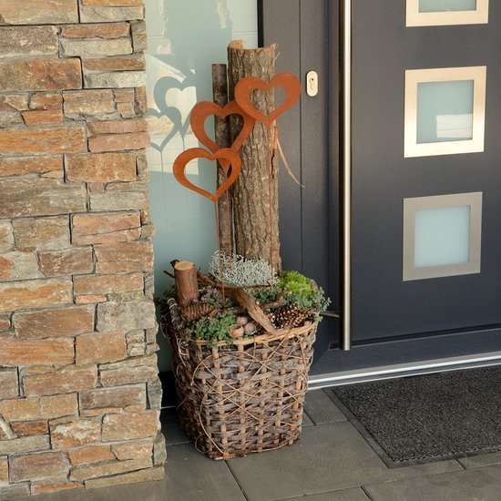 UNUS RM Lot De 3 Piques De Jardin Cœurs En Métal Rouillé – Décoration Rustique 60x18cm