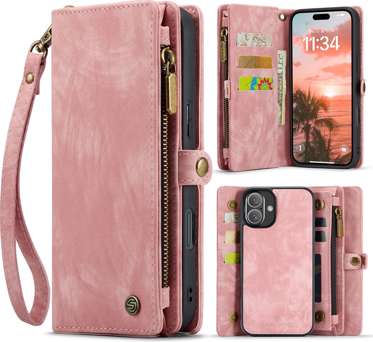 Geschikt Voor iPhone 16 Plus Hoesje - Solidenz Wallet Case 16 Plus - Telefoonhoesje 16 Plus - 16 Plus Case Met Pasjeshouder - Met Ritsvak - Met Polskoord - Portemonee Hoes - Roze