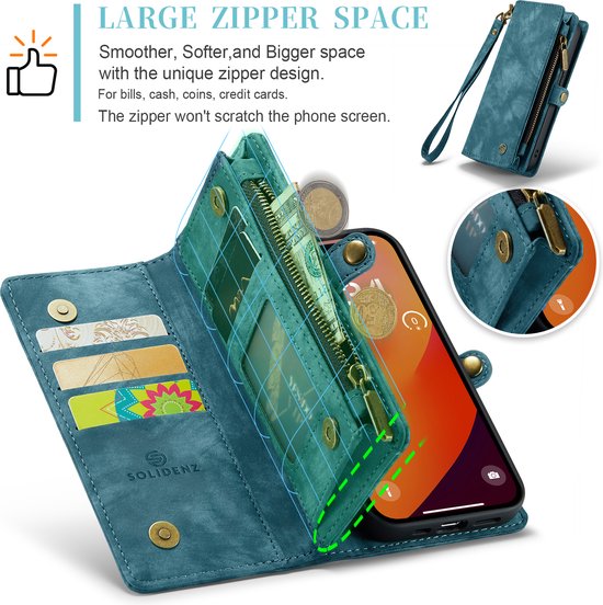 Étui portefeuille Solidenz iPhone 16 Pro Max - Porte-cartes - Poche zippée - Dragonne - Bleu