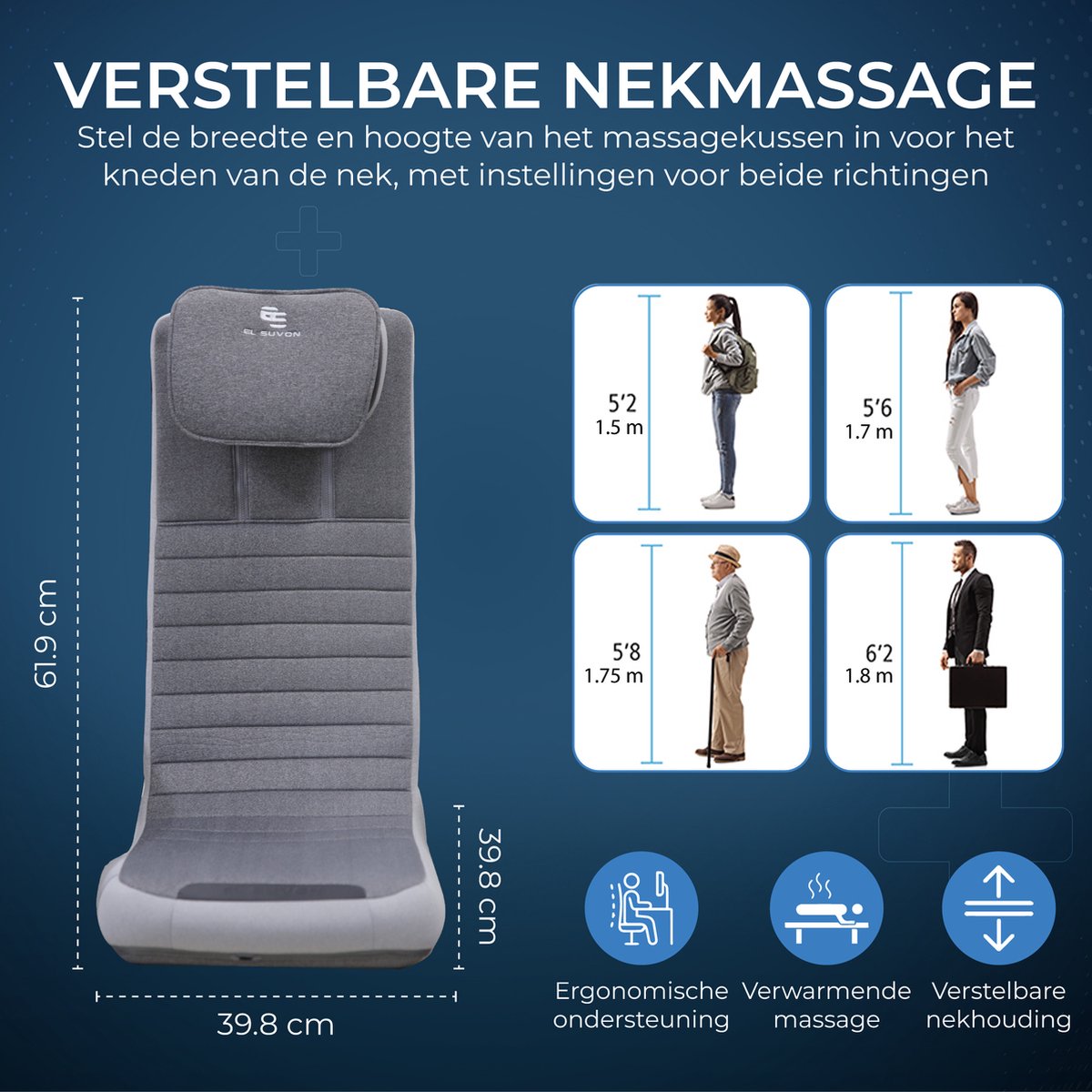 El Suvon - Shiatsu Massagestoel - Shiatsu Massagekussen - Rug- en Nekmassage - Met Verwarming - Grijs – foto 5