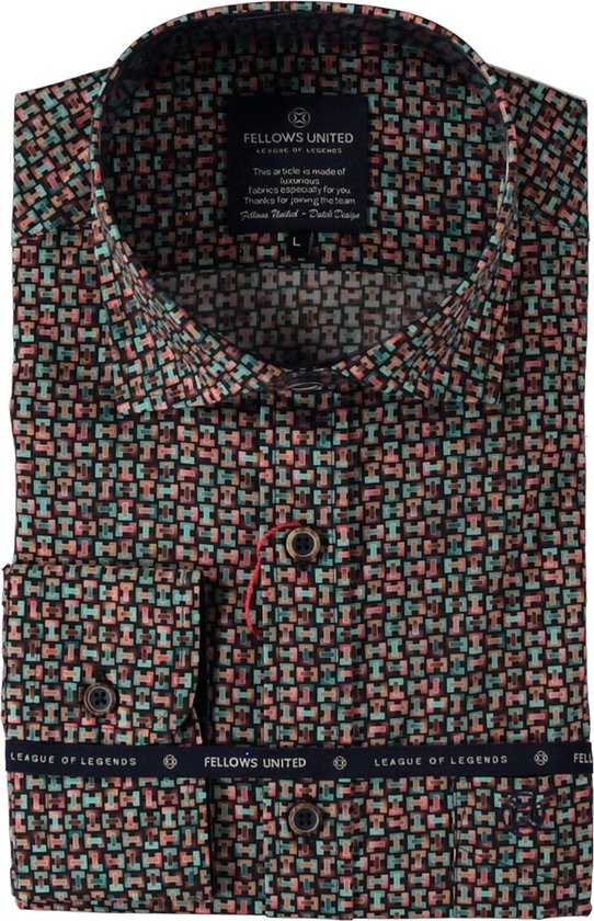 Donker overhemd met een veelkleurig patroon van gekleurde blokjes. Button-down kraag, lange mouwen. 