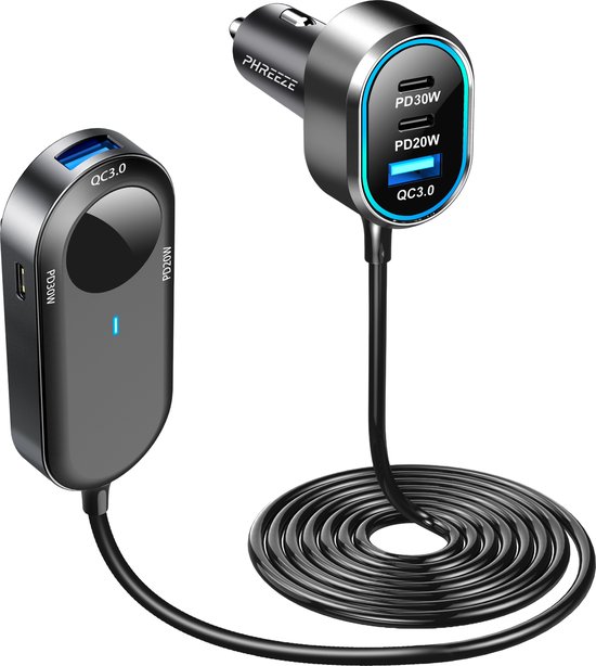 100W Autolader met USB-C HUB - Oplader Auto Achterbank - 4x USB-C Poorten + 2x USB-A Poorten - Snellader - 1.5 Meter