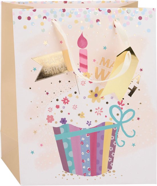 Cadeautas met een cadeau, kaars, bloemen, confetti en de tekst 'Happy Birthday'.