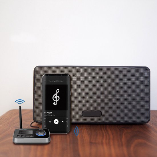 Émetteur/récepteur Bluetooth LogiLink avec smartphone et enceinte, lecture de musique sans fil.