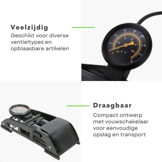 Zwarte fietspomp met manometer; tekst 'Veelzijdig' en 'Draagbaar'.