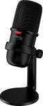 Zwarte USB-microfoon met rood lampje, gaasfront en kantelbare standaard.