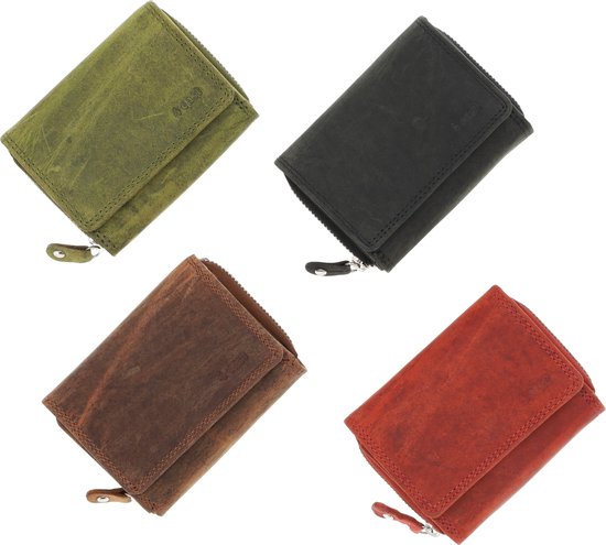 Vier portemonnees in verschillende kleuren: groen, zwart, bruin en rood.