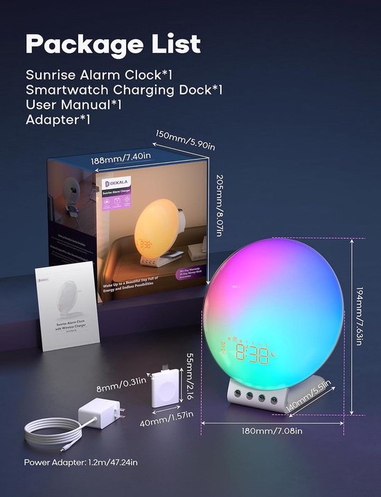 Éclairage d'ambiance Lichtwecker Tageslichtwecker Sonnenaufgang-Sonnenuntergang Simulation Full Bild Wake Up Light avec chargeur sans fil Touch/APP Support - Kinder & Erwachsene - compatible avec Alexa