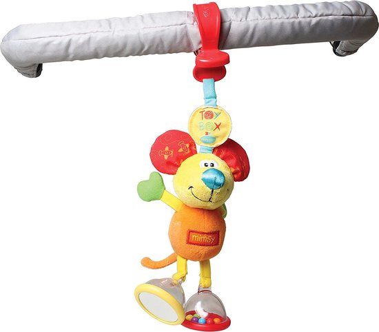 Een Mimsy de Muis knuffel met oranje lijf, gele kop, groene armen en poten. Hij heeft ronde rode oren met stippen en transparante voetjes met gekleurde balletjes.