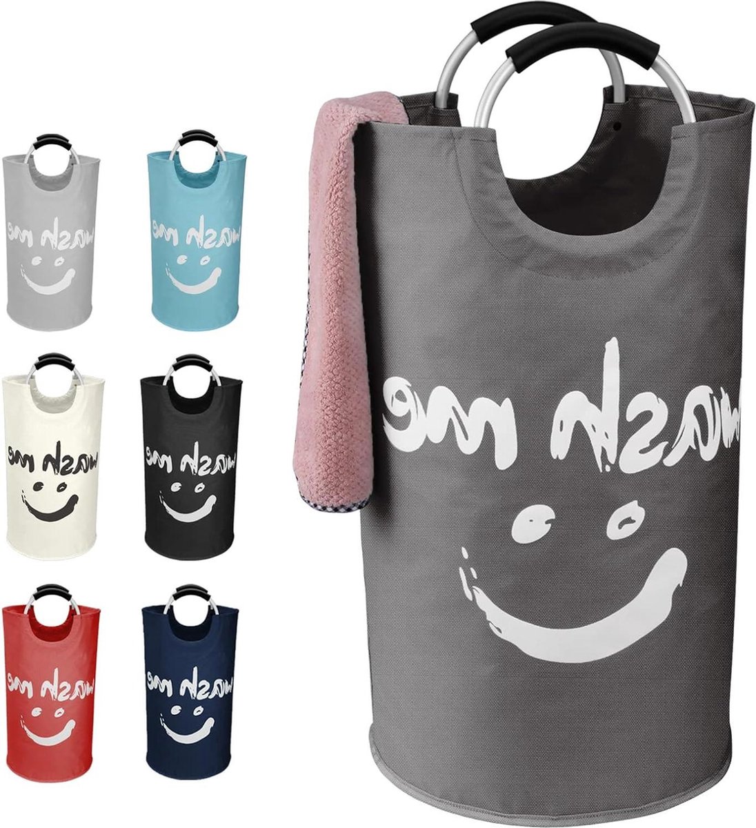 Goedkoopste Vrijstaande wasmand 91 l van aluminium draagbare wasmand - opvouwbare waszak Oxford-stof - opbergmand slaapkamer donkergrijs wassorteerder