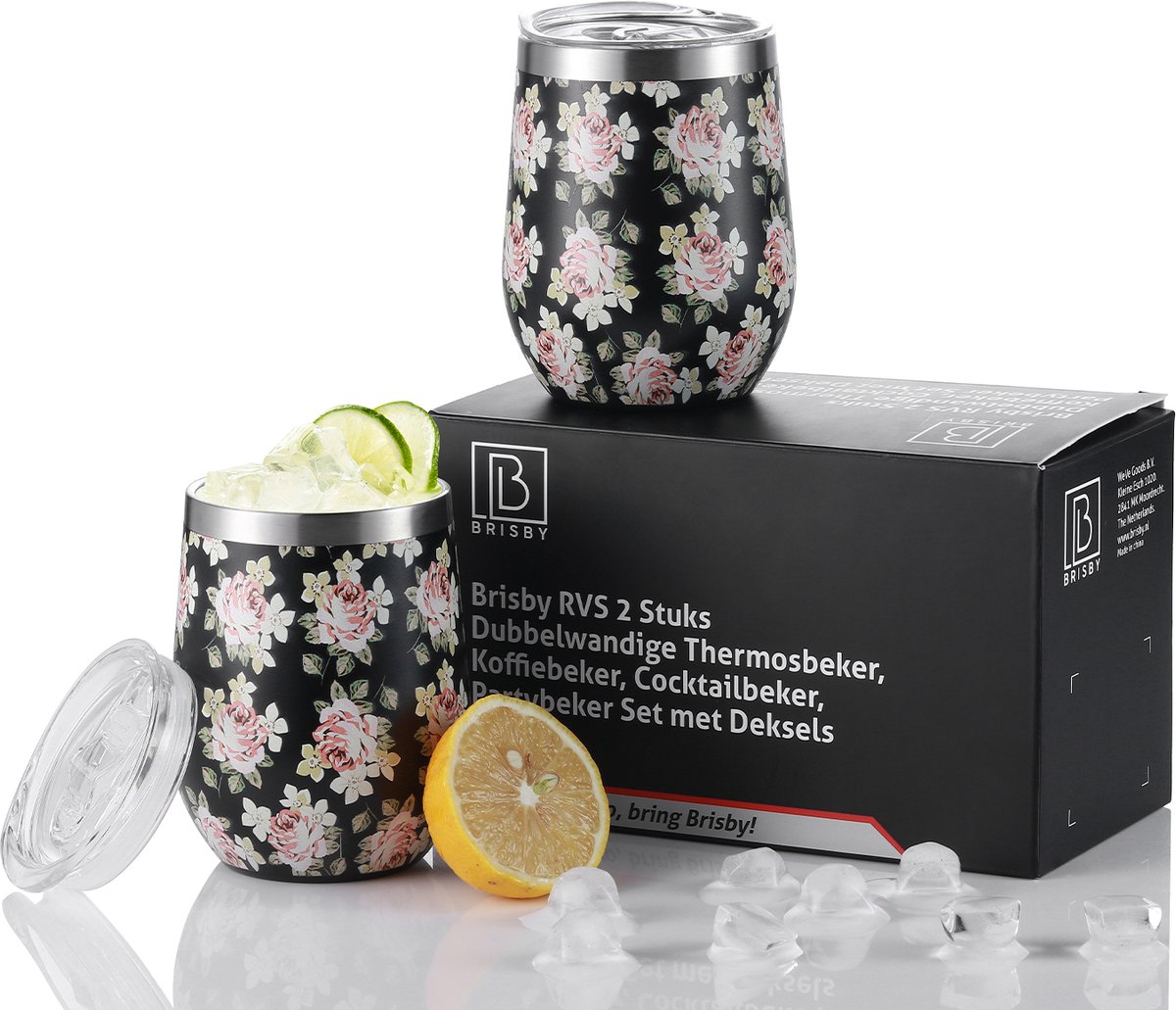 Brisby RVS thermosbekers set – 2x 360 ml – dubbelwandig – Black Flower