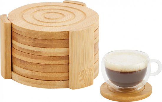 Sous-verres avec support - Dessous de verre en bois de Bamboe - Sous-verres ronds en Bamboe - Dessous de verre de table pour Verres - Bois de Bamboo - Cadeau - Décoration intérieure