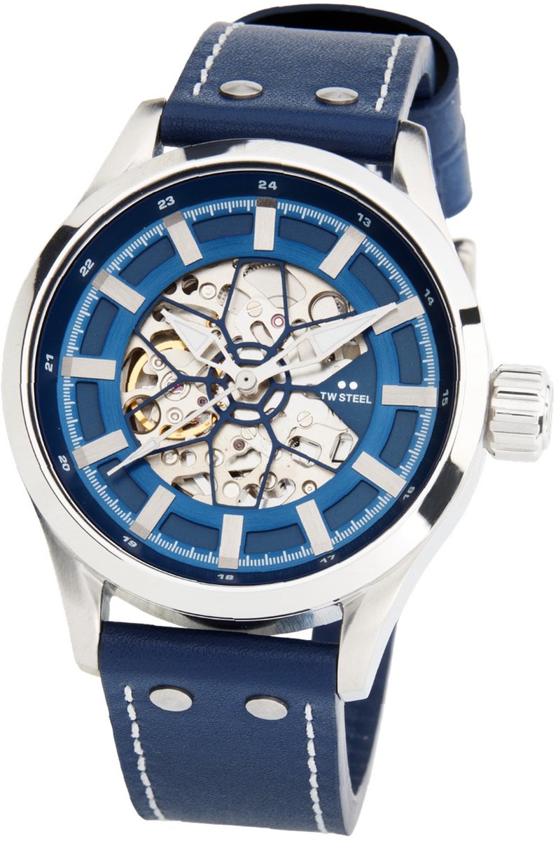 TW Steel TWVS132 New Volante Heren Horloge - Mineraalglas - Staal-Leer - Blauw-Zilverkleurig - 45 mm breed - Automatisch - Gesp - 10 ATM (zwemmen)