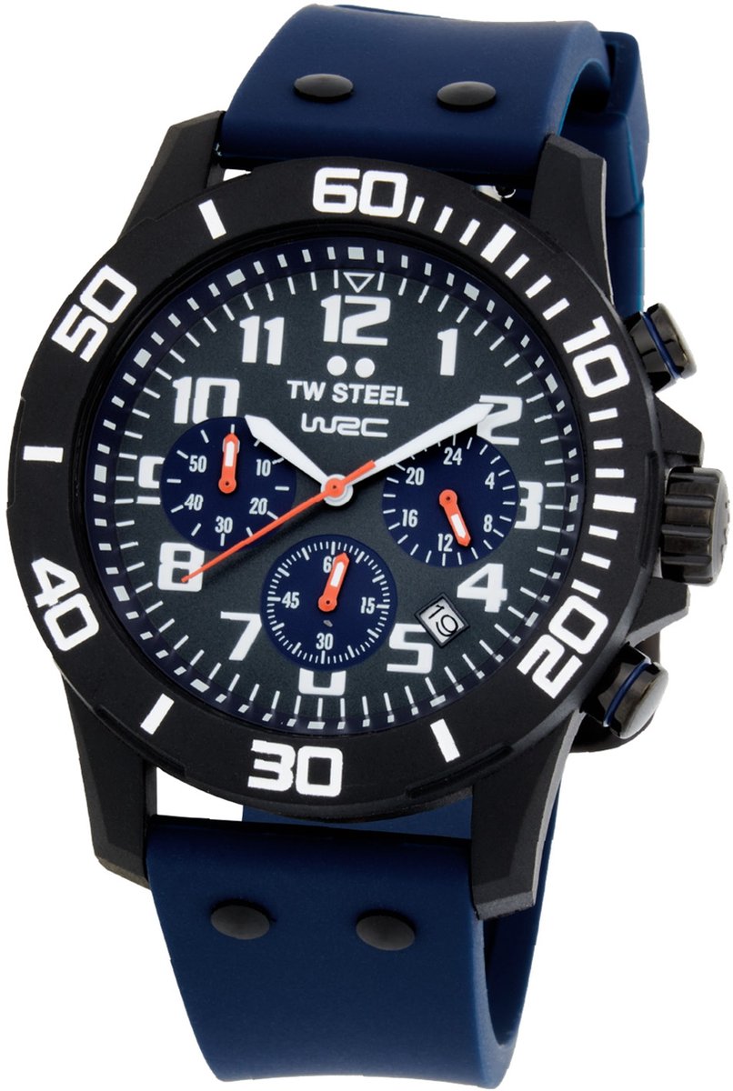 TW Steel TWCA5 Carbon Heren Horloge - Chronograaf - Mineraalglas - Kunststof-Silicone - Blauw-Zwart - 44 mm breed - Quartz - Gesp - 10 ATM (zwemmen)