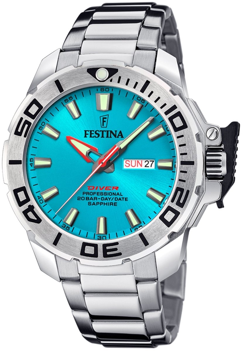 Festina F20665-6 Heren Horloge - Mineraalglas - Roestvrijstaal-Staal - Zilverkleurig - Ø 46.5 mm - Quartz - Vouw-Vlindersluiting - 20 ATM (duiken)