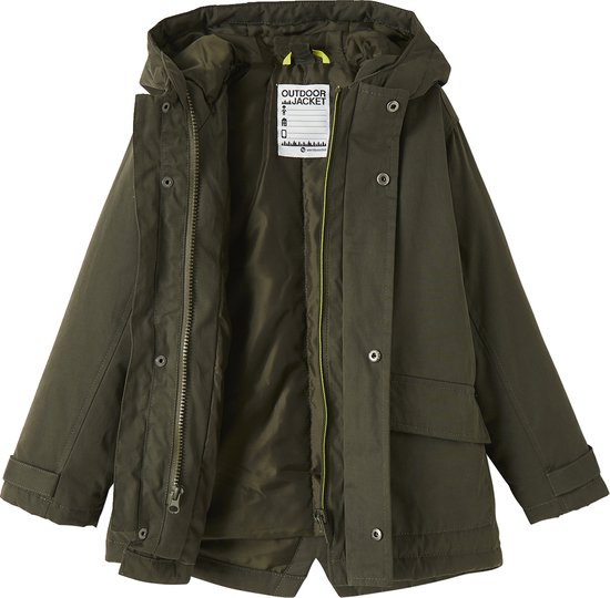 Groene parka open met capuchon, rits, knopen en label.