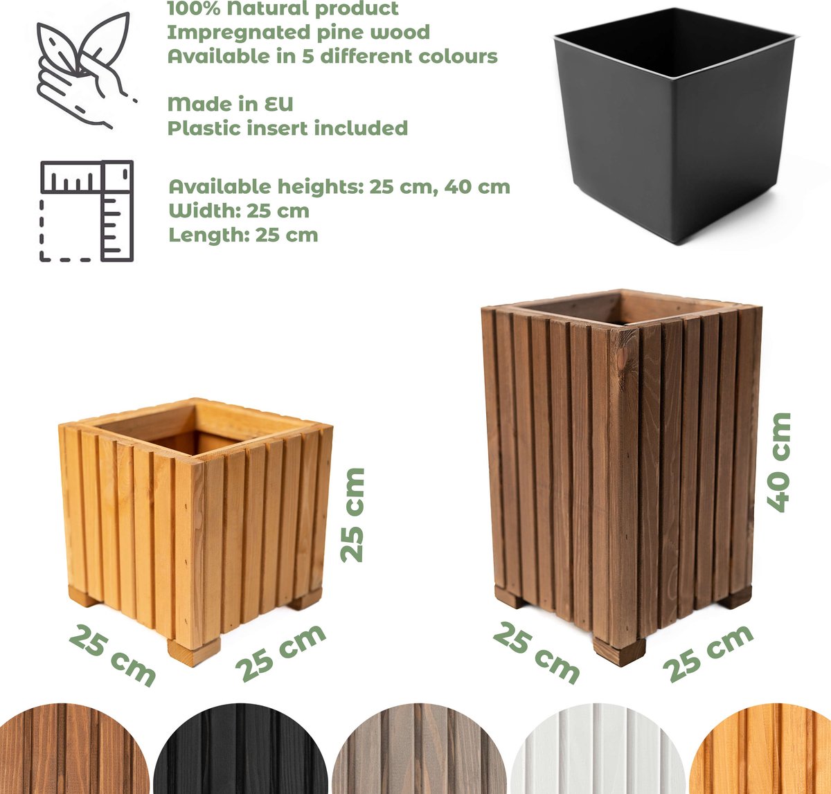 BOGATECO Houten bloembak Plantenbak Bloempot 25 x 25 x 25 cm Kruidenpot Bloempot met kunststof inzetstuk Waterdicht Grijs