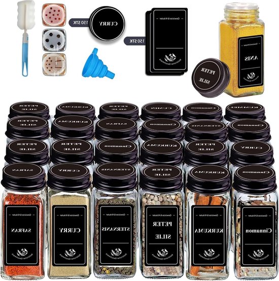 SAEIV Set van 24 kruidenpotjes 120 ml, luchtdicht schroefdeksel met strooier, kruidenpotjes voor het organiseren van je keuken, bewaren van specerijen en kruiden, inclusief etiketten