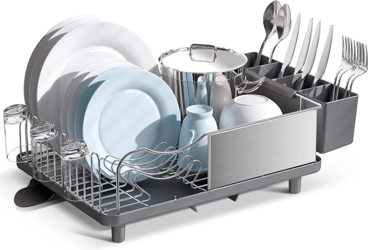 Goedkoopste Afdruiprek met anti-roestframe - Roestvrijstalen afneembaar afdruiprek - Grijs - 4 vakken afdruiprek met lekbak inklapbaar